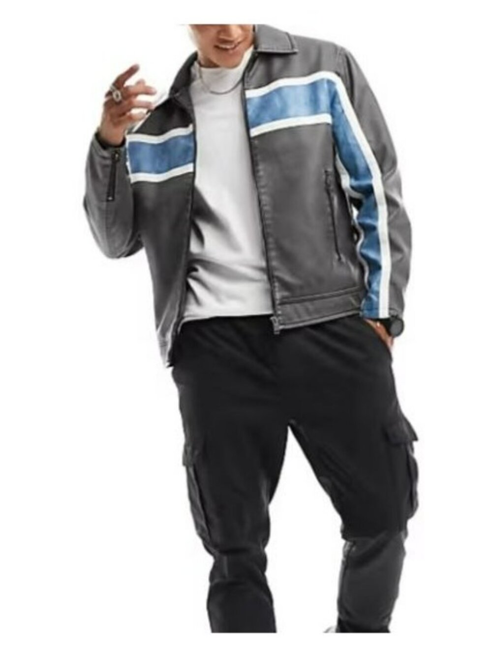 Bershka Mens Jacket Size XL Gray Full Zip Faux Leather Blue & White Stripes